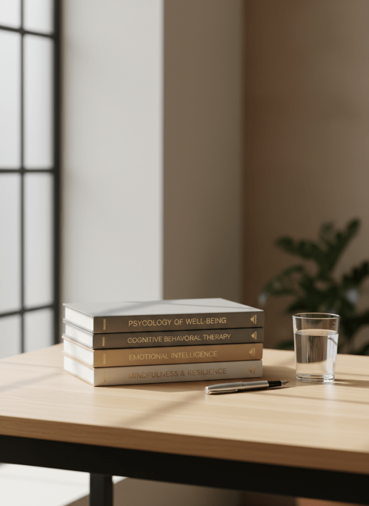 A refined stack of elegant hardcover psychology books with muted, matte covers in soft greys and warm taupes, positioned on a minimalist oak desk. The surface is uncluttered except for a simple glass of water and a single polished silver pen, suggesting order and sophistication. Soft, diffused daylight falls gently from a nearby frosted window, casting muted lines and subtle shadows that accentuate the textures. There’s a quiet, contemplative mood to the scene, evoking trust and professionalism. Captured at an eye-level angle, the composition favors minimalist elegance with a shallow depth of field, ensuring the background fades gracefully. The photographic realism and reserved palette convey expertise and a calm, sophisticated environment appropriate for a bilingual psychological consultation site.